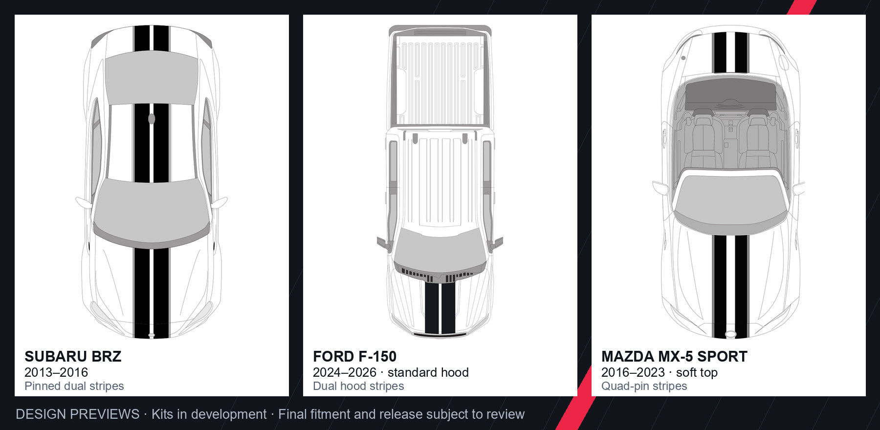 Design previews of a Subaru BRZ, Ford F-150 standard hood and Mazda MX-5 Sport soft top with racing stripes. These kits are in development; final fitment and release remain subject to review.