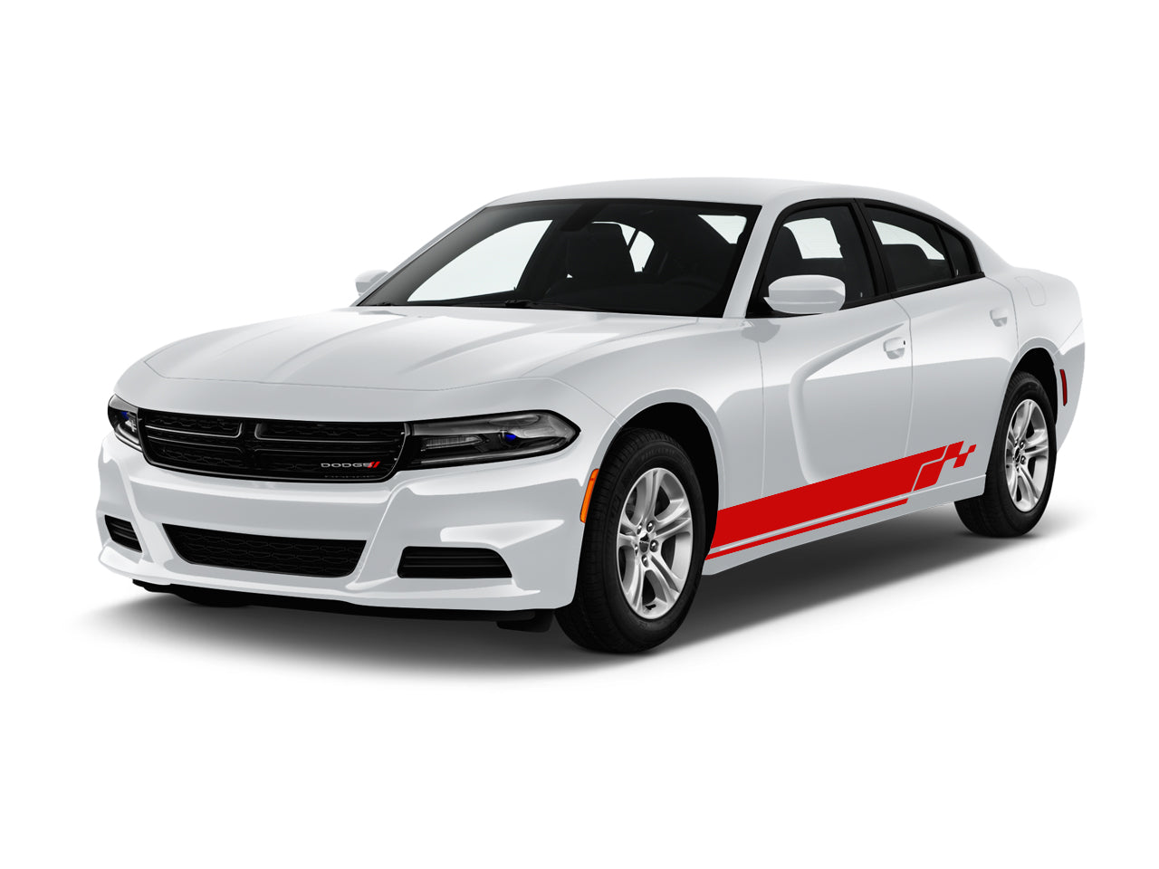 a white car with a red stripe on it