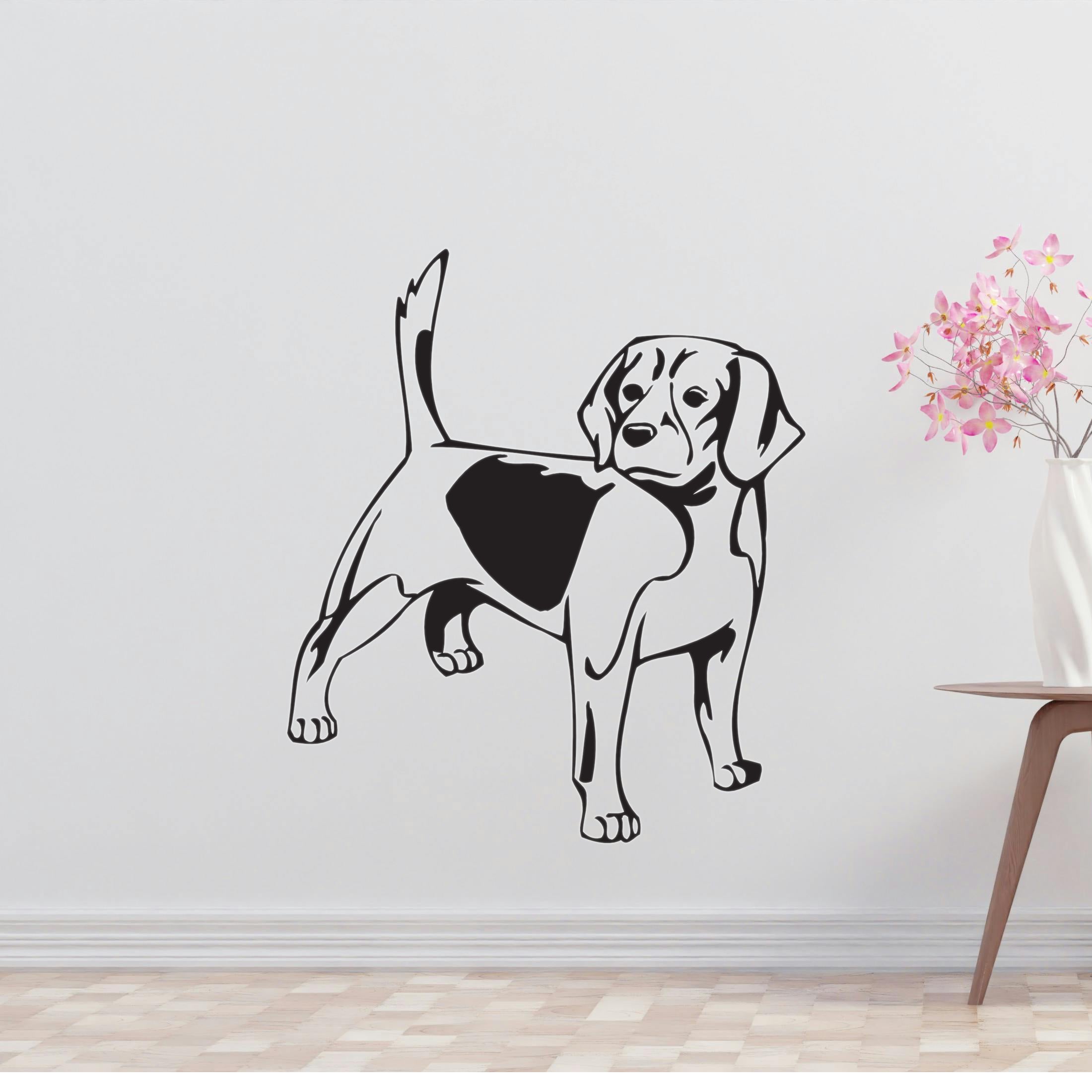 a black and white dog wall decal on a white wall