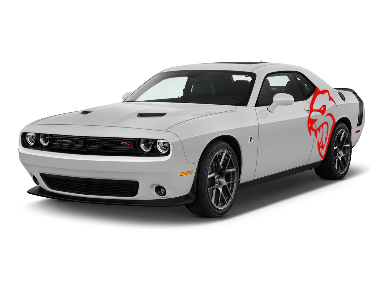 a white car with a red design on it