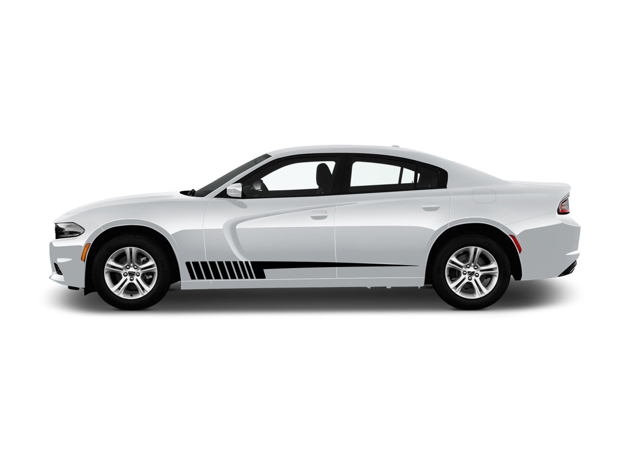 a white car with a black stripe on the side