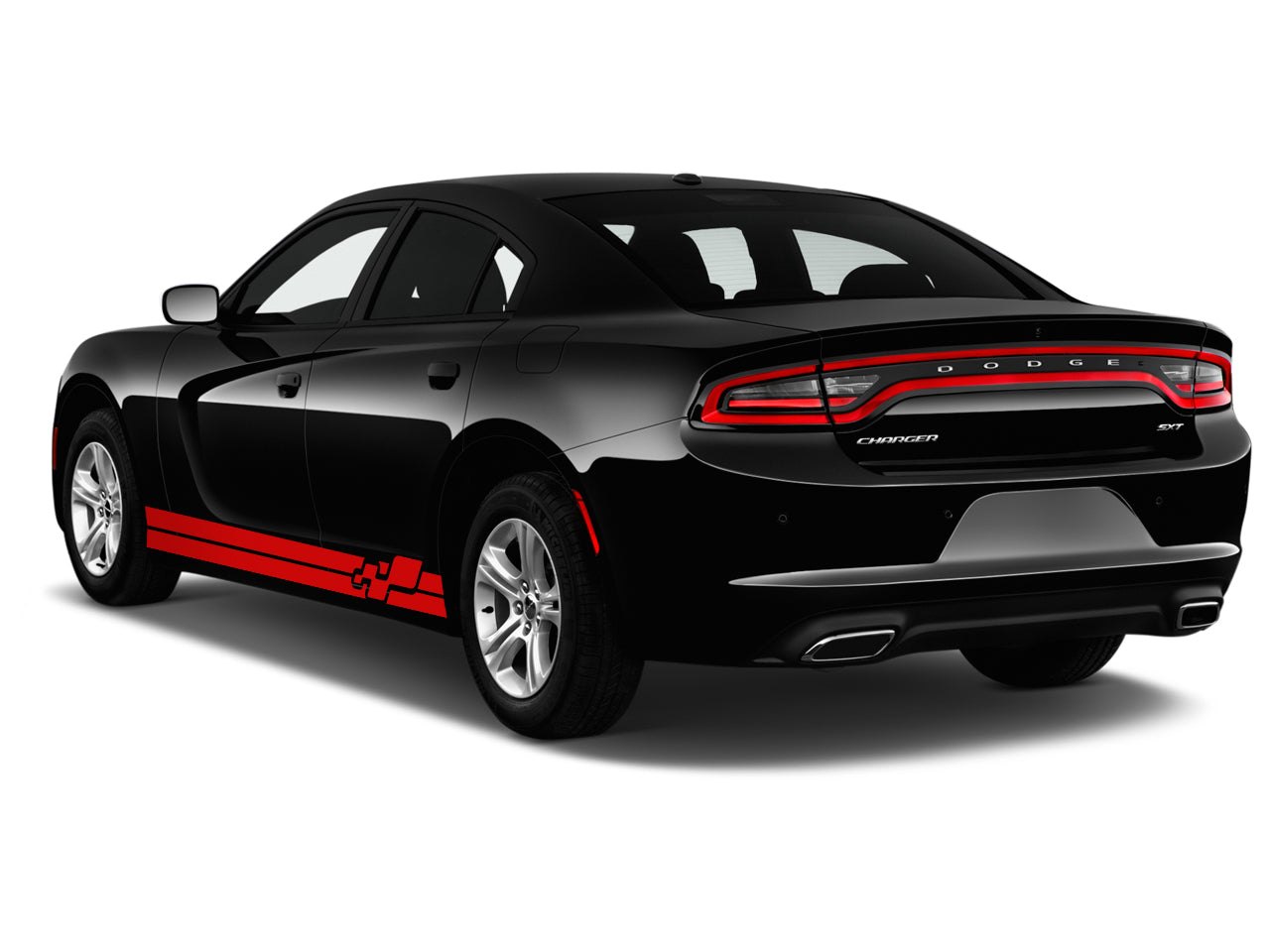 a black and red dodge charger parked on a white background