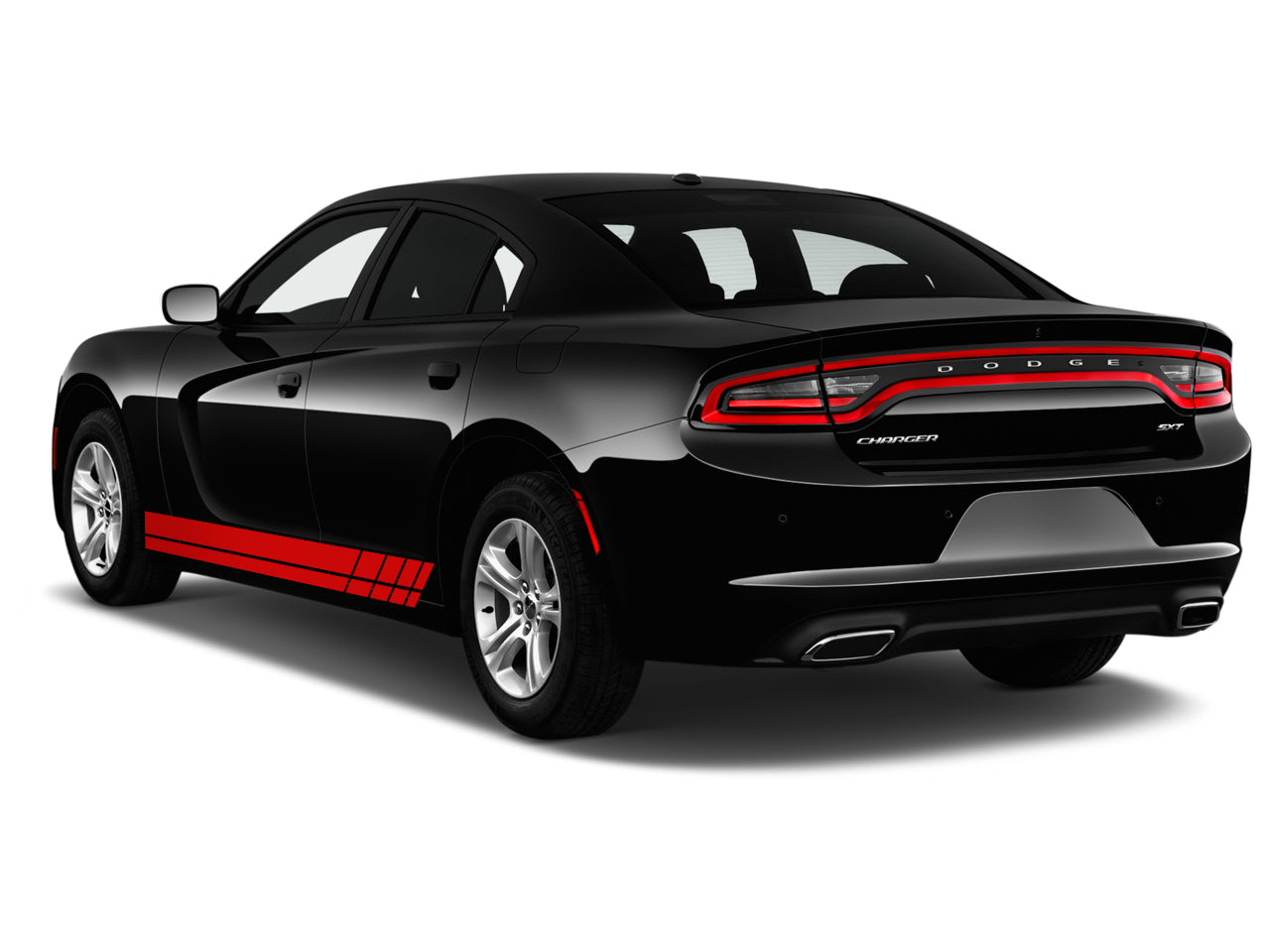 a black and red dodge charger parked on a white background
