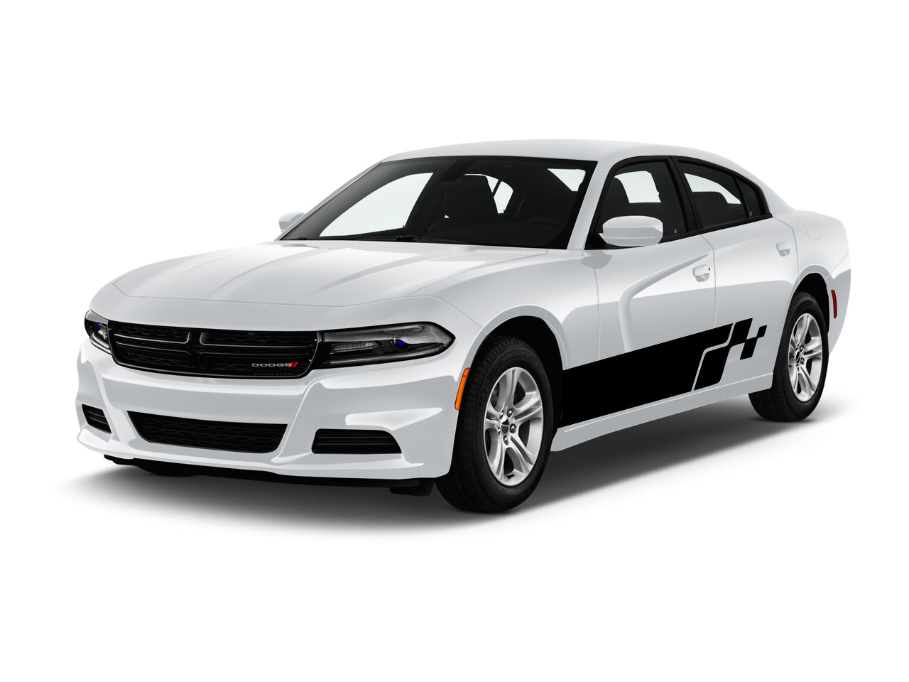 a white car with a black stripe on it