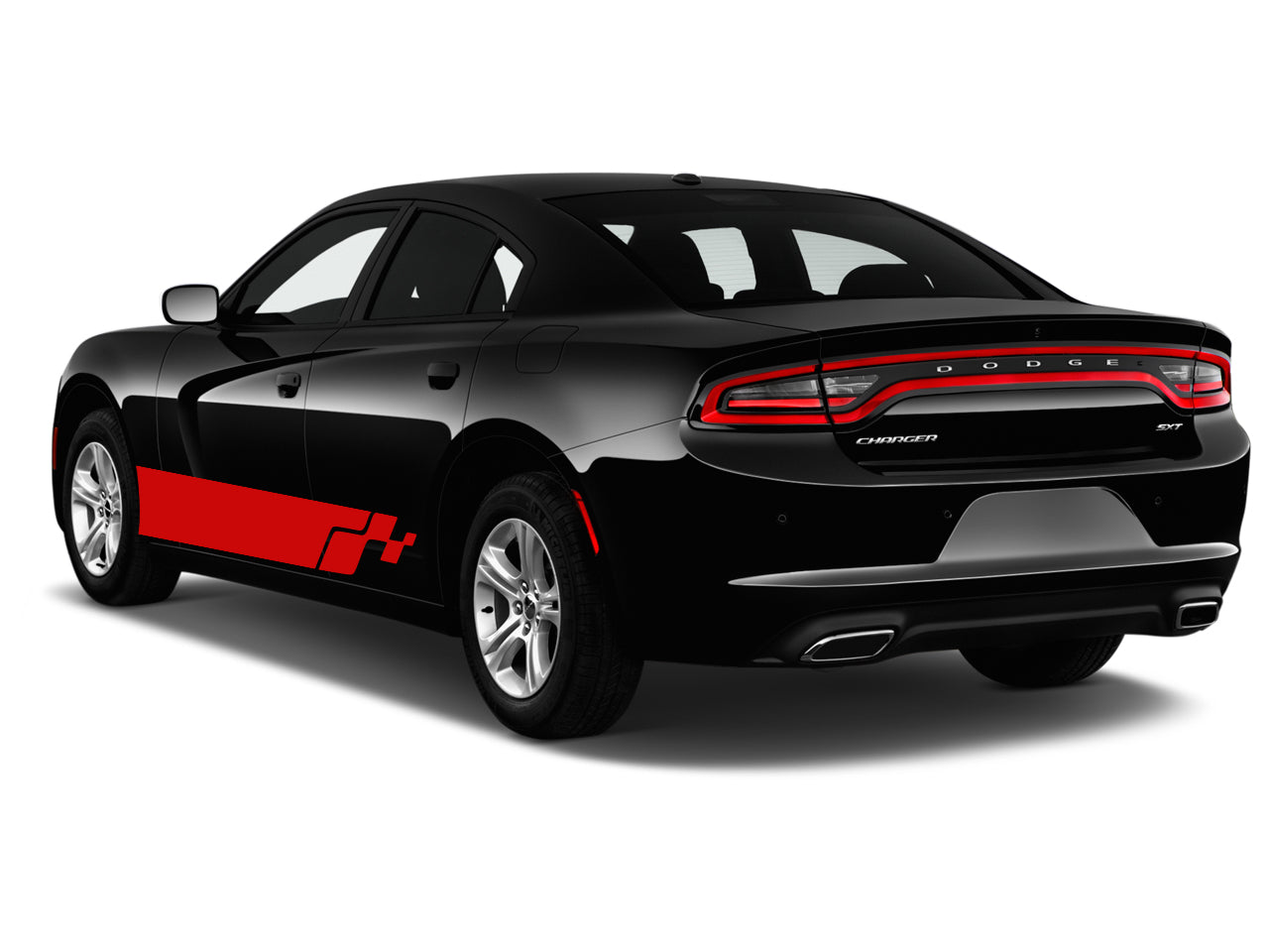 a black dodge charger with a red stripe