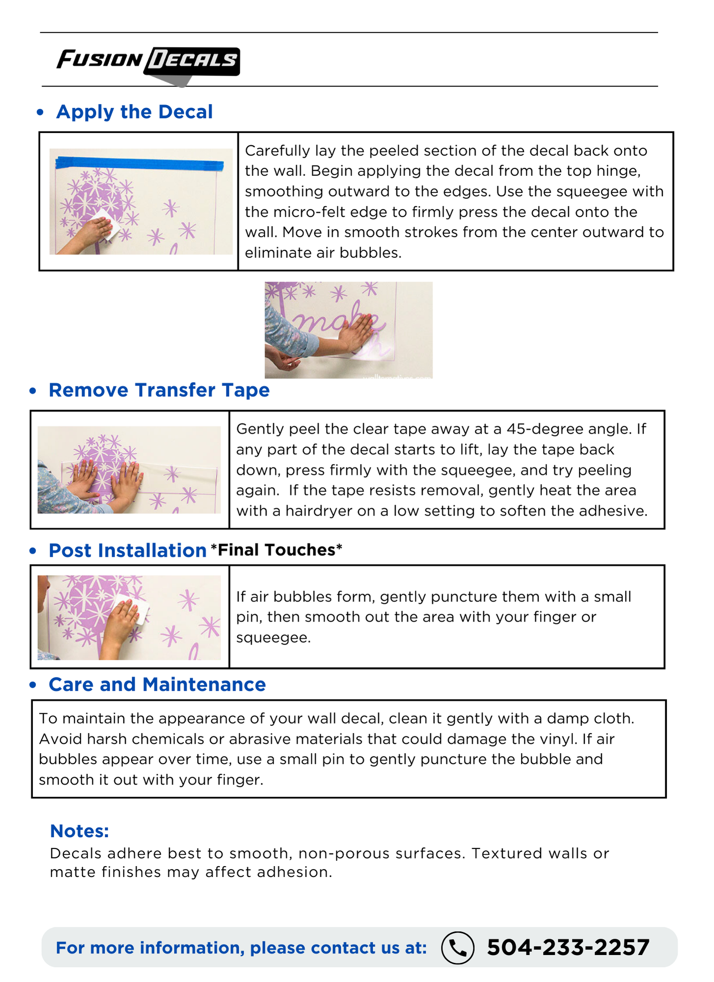 Wall decal installation guide showing application, transfer tape removal and care instructions
