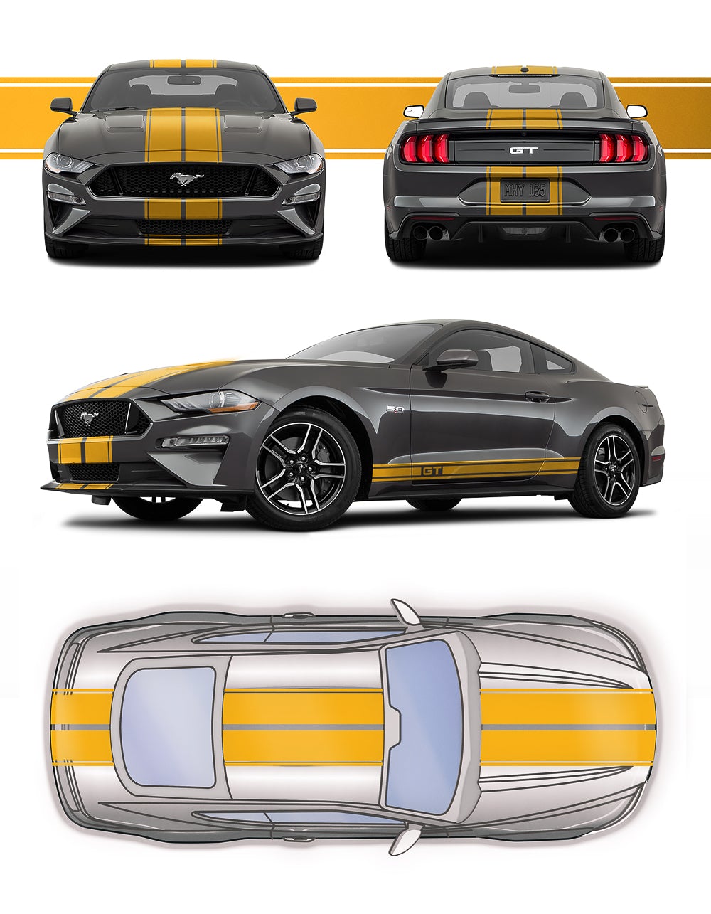 Dual 7.9" Racing Stripes w/pins Self Healing Vinyl fits Ford Mustang 2015 to 2023