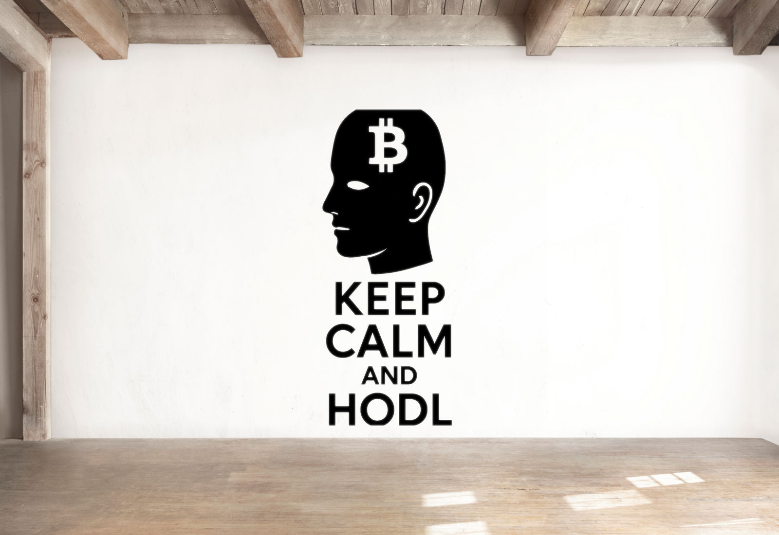 a wall with a black silhouette of a head with a Bitcoin symbol above it, along with the text "KEEP CALM AND HODL" below.