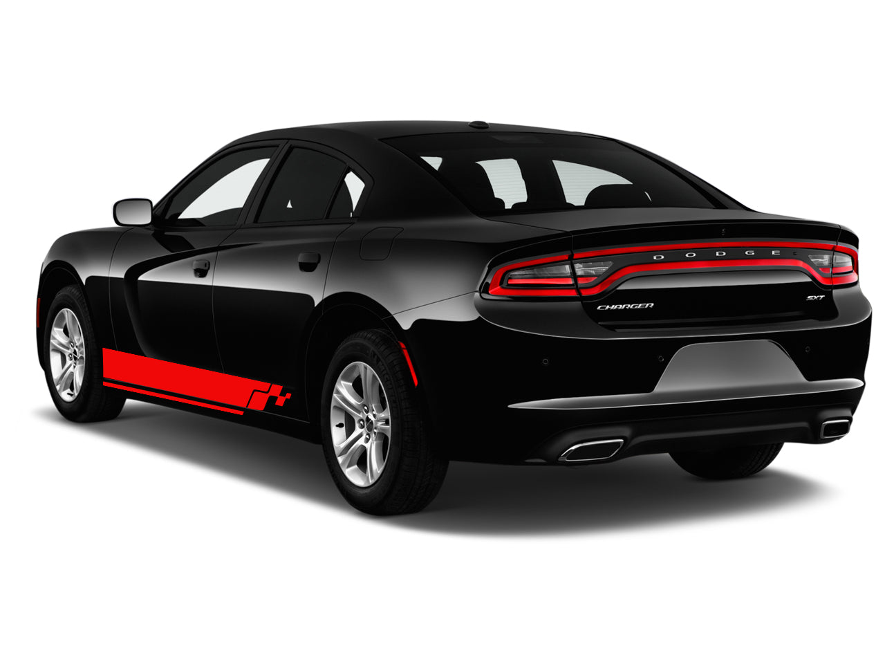 a black and red dodge charger parked in front of a white background