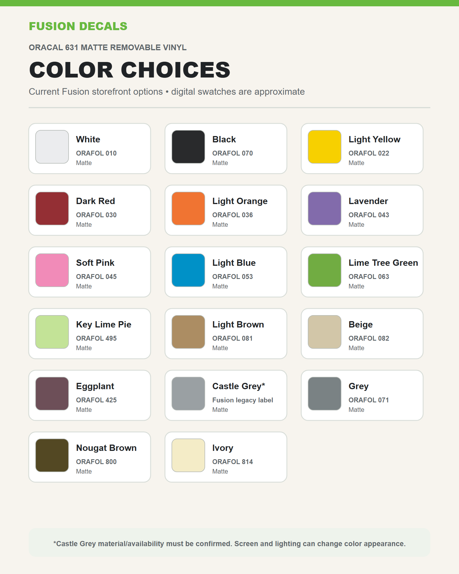 Fusion Decals ORACAL 631 matte vinyl color choices guide with 17 storefront options.
