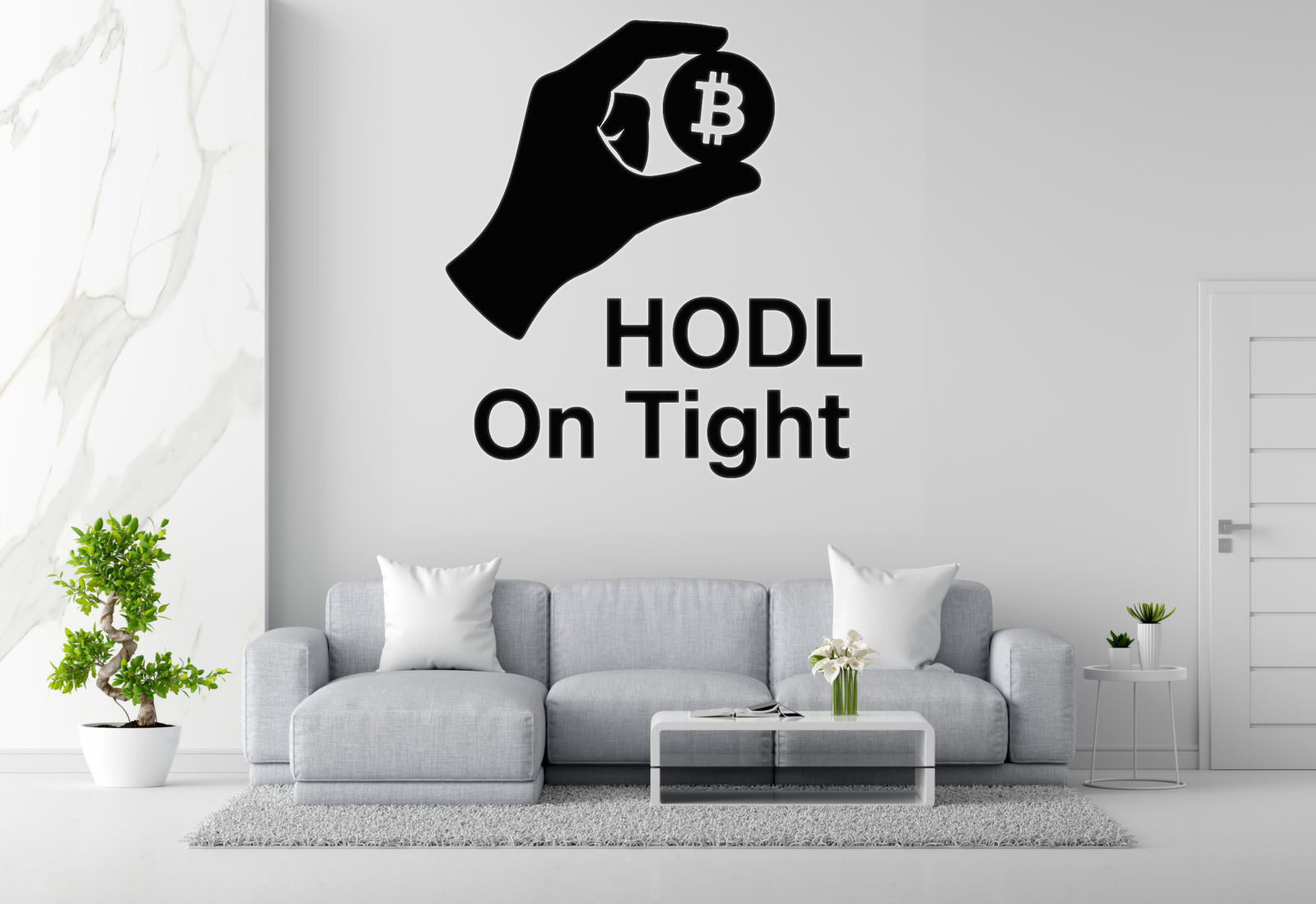 a living room with a gray sofa, a coffee table, and a potted plant. Above the sofa, there is a wall decal that says "HODL On Tight".