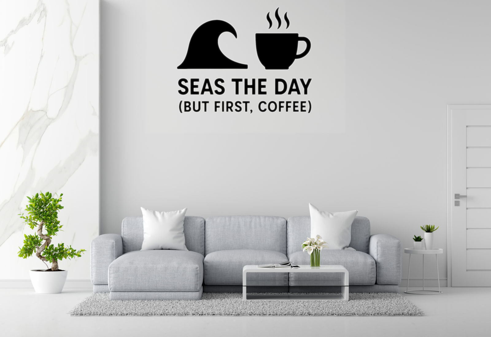 Seas the Day (But First, Coffee) - Funny Ocean Wall Decal Vinyl Sticker Removable