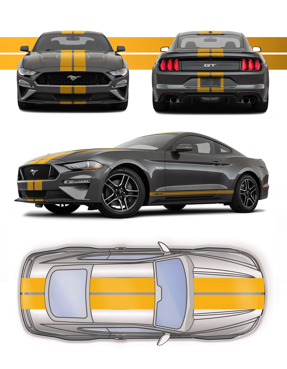 GT 500 Dual 11" Racing Stripes Self Healing Vinyl fits Ford Mustang 2015 to 2023