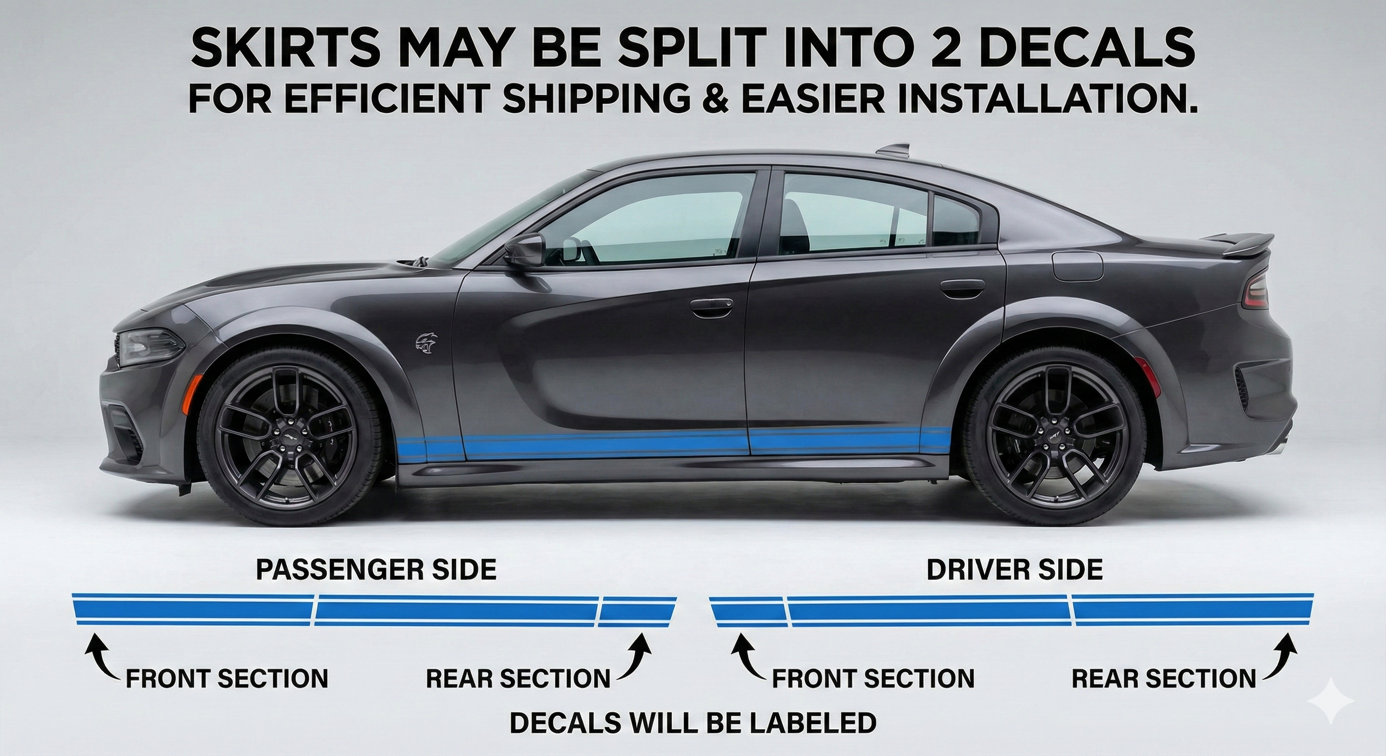 The image is a promotional graphic for a car, specifically a Dodge Charger, that suggests that the skirts may be split into two decals for efficient shipping and easier installation.