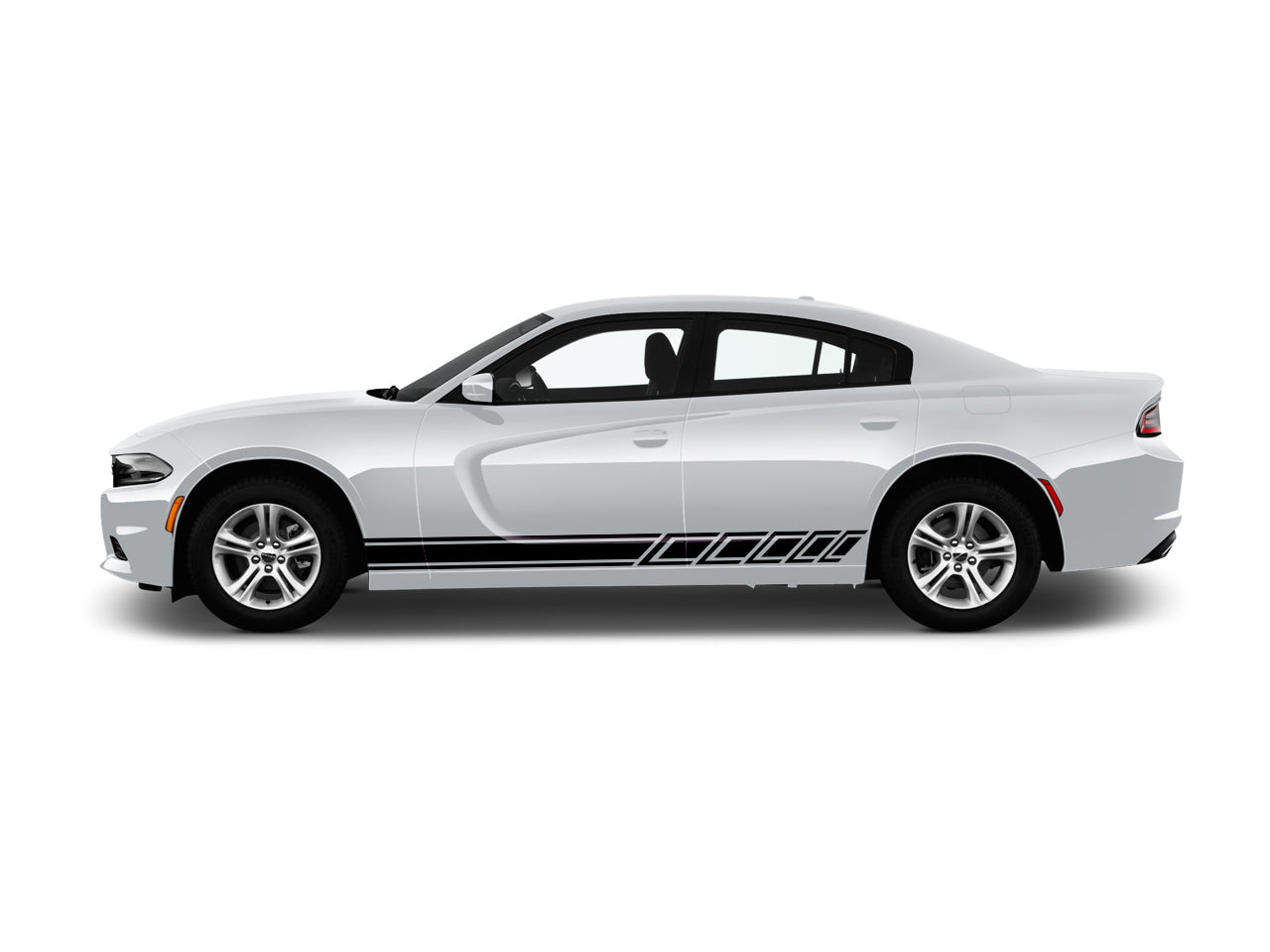 a white car with a black stripe on it