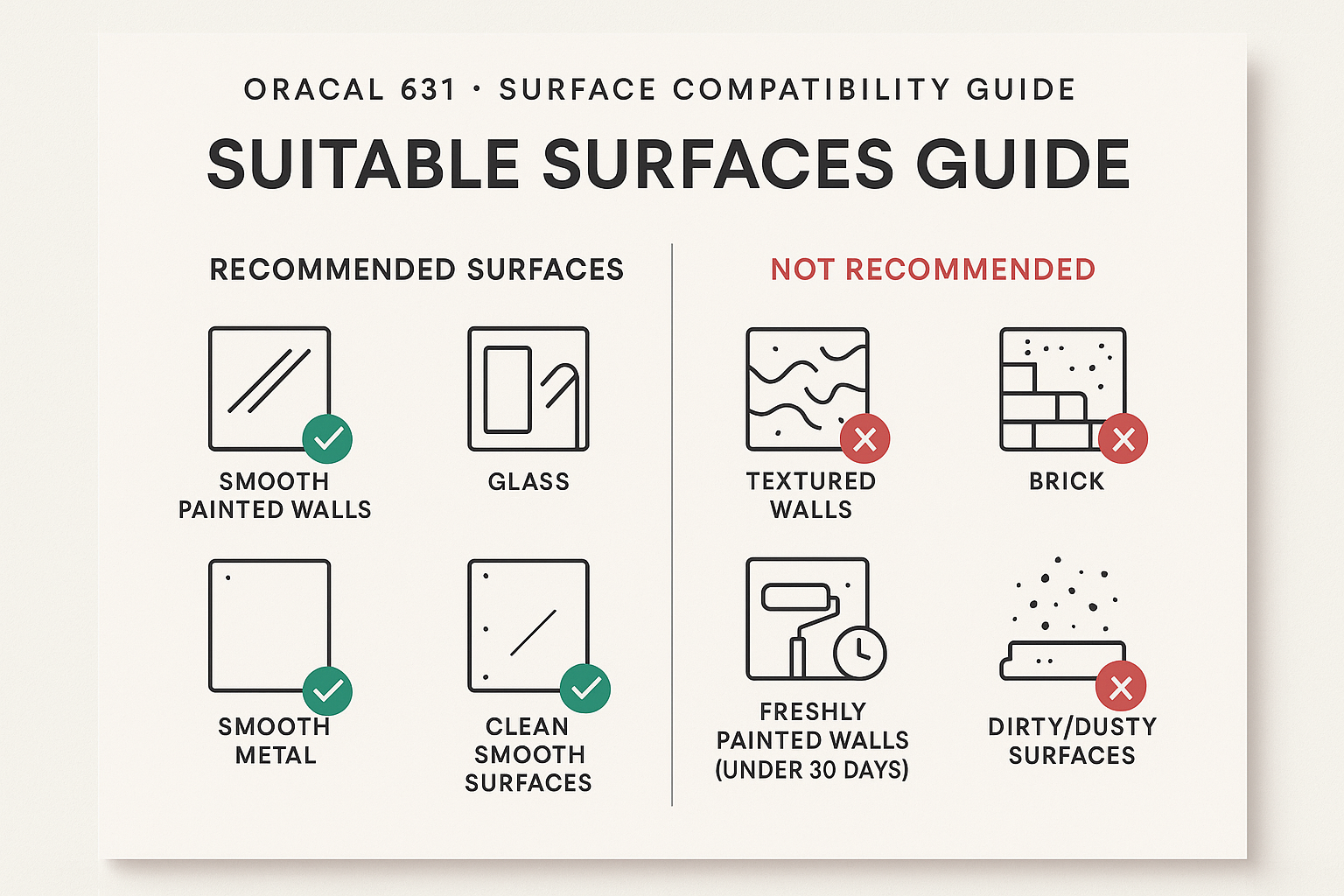 The image is a guide that provides recommendations for suitable surfaces based on their texture, smoothness, and cleanliness. It lists the recommended surfaces as smooth painted walls, glass, textured walls, brick, clean smooth painted walls, and freshly painted walls (under 30 days). The guide also indicates that the following surfaces are not recommended: dirty/dusting surfaces and brick.