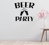 a wall with a large text that says "BEER PARTY" and a graphic of two glasses clinking together. There is also a small table with a vase of pink flowers next to it.