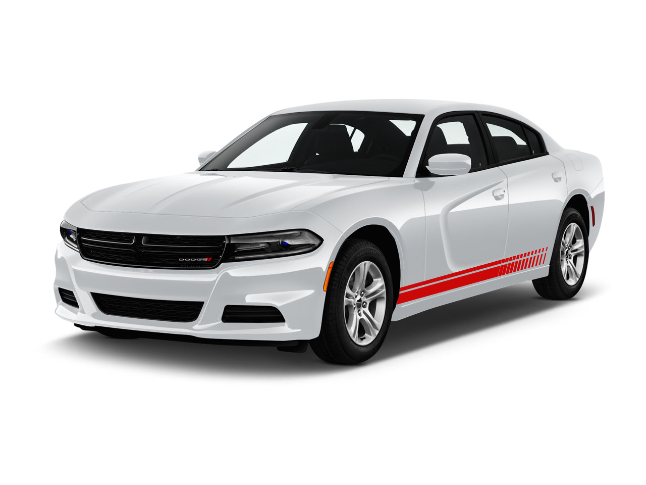 a white car with a red stripe on it