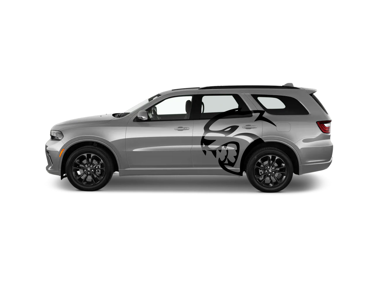 a silver car with a black and white design on it