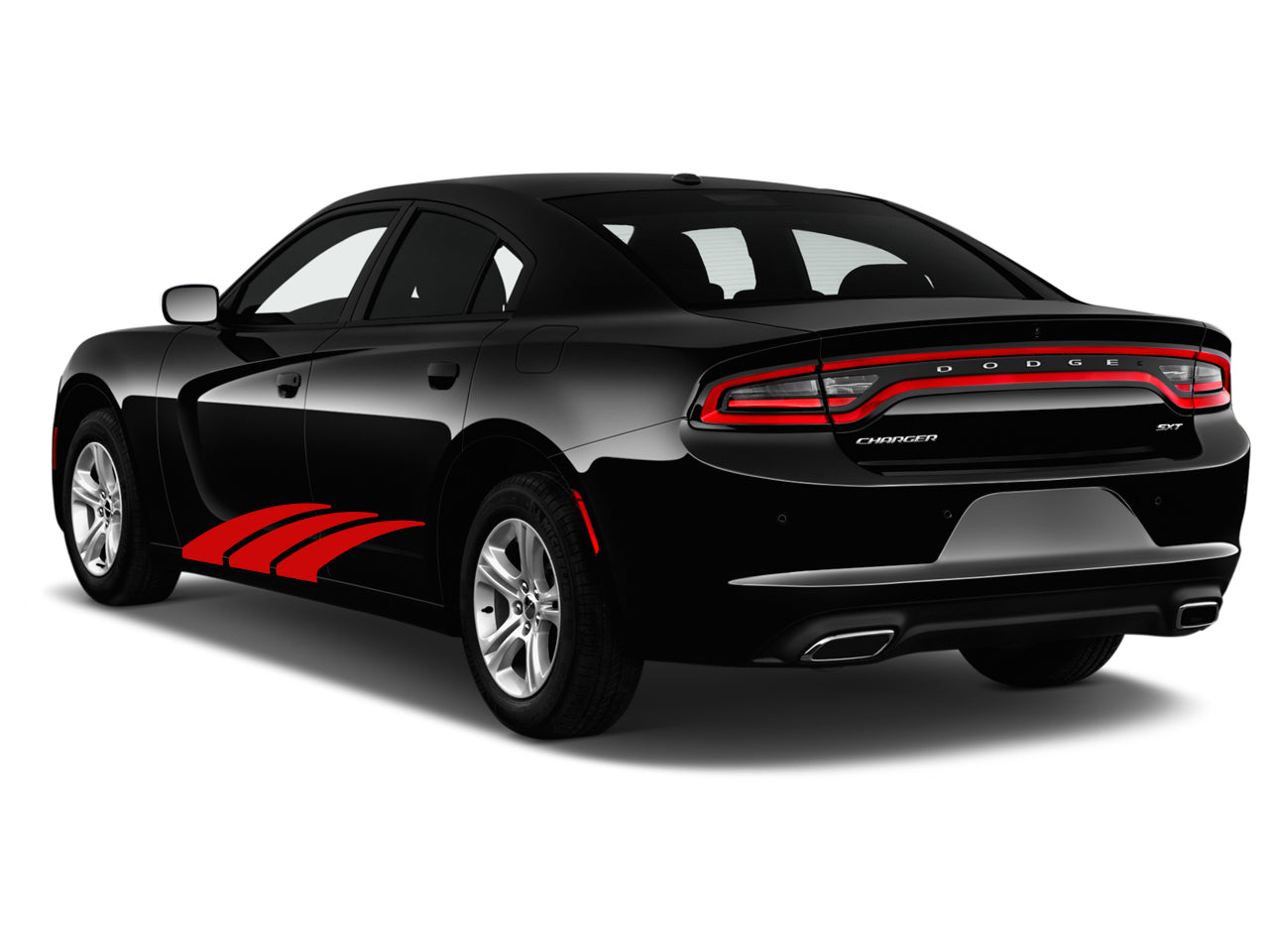 a black dodge charger with red stripes