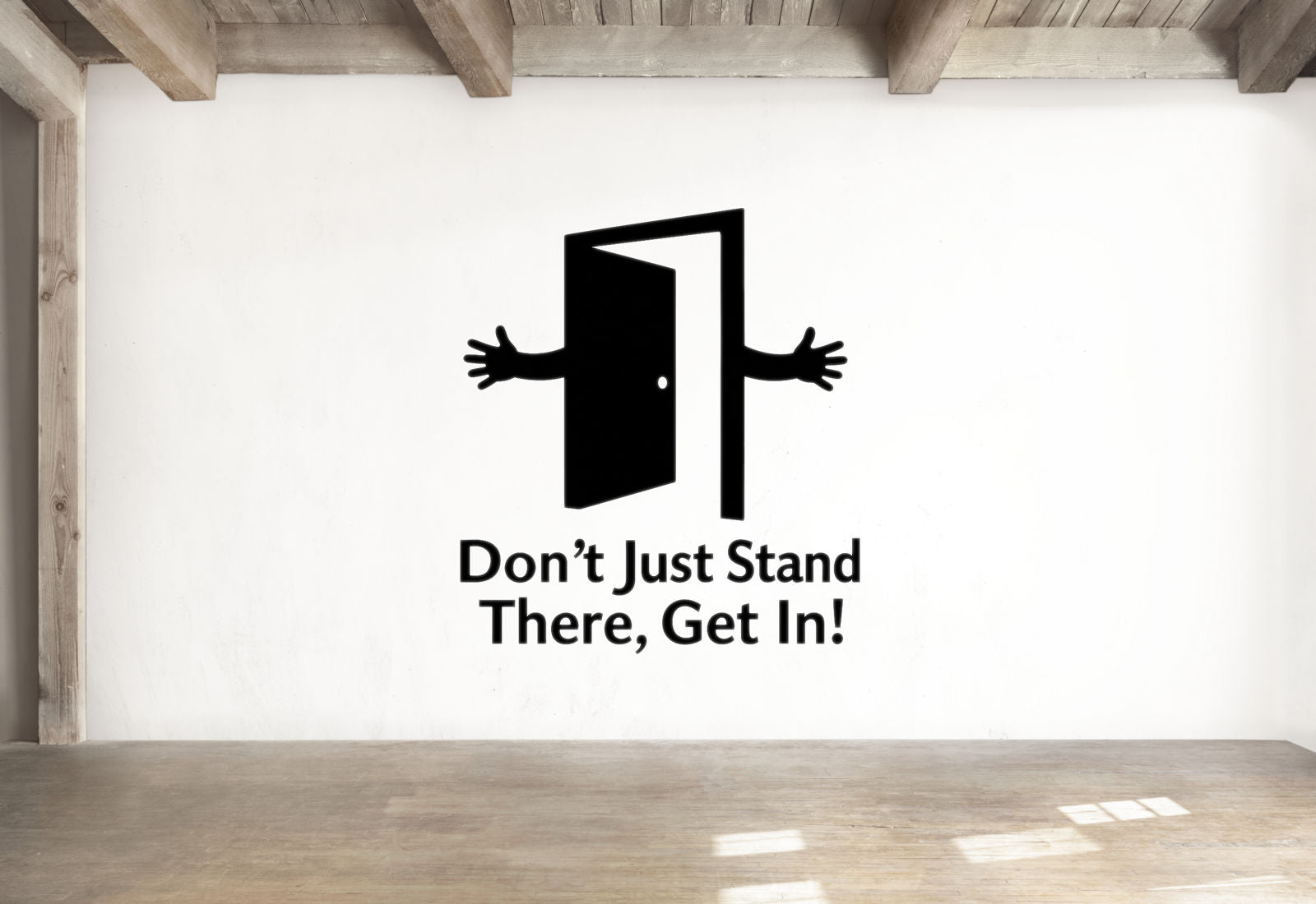 a simple black and white graphic on a white wall, depicting an open door with a hand reaching out from behind it. Below the graphic, the text reads 