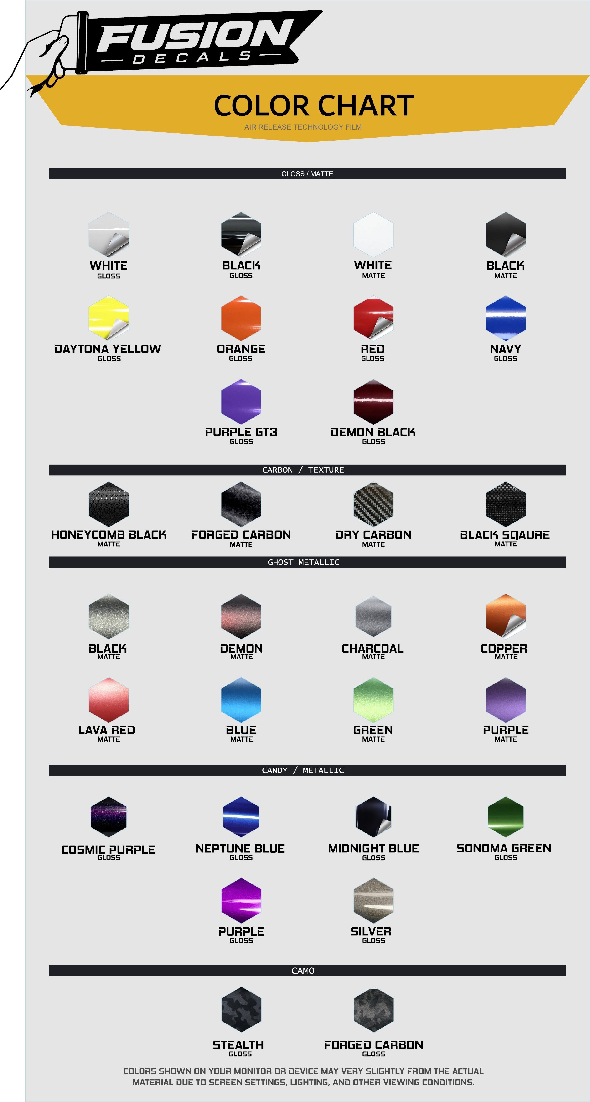 Fusion Decals 2026 vehicle wrap color chart with 30+ air-release vinyl colors