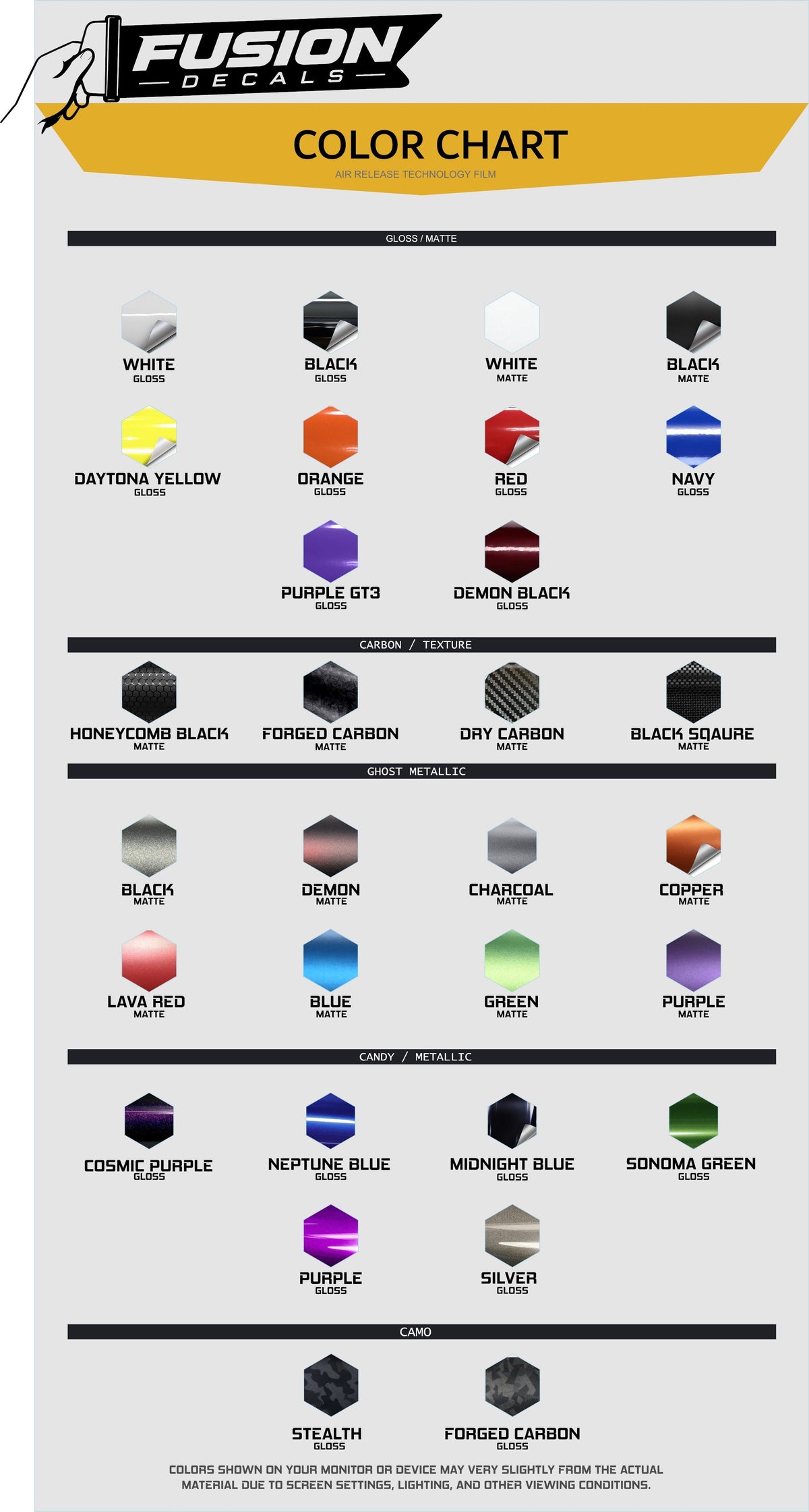 Fusion Decals 2026 vehicle wrap color chart with 30+ air-release vinyl colors