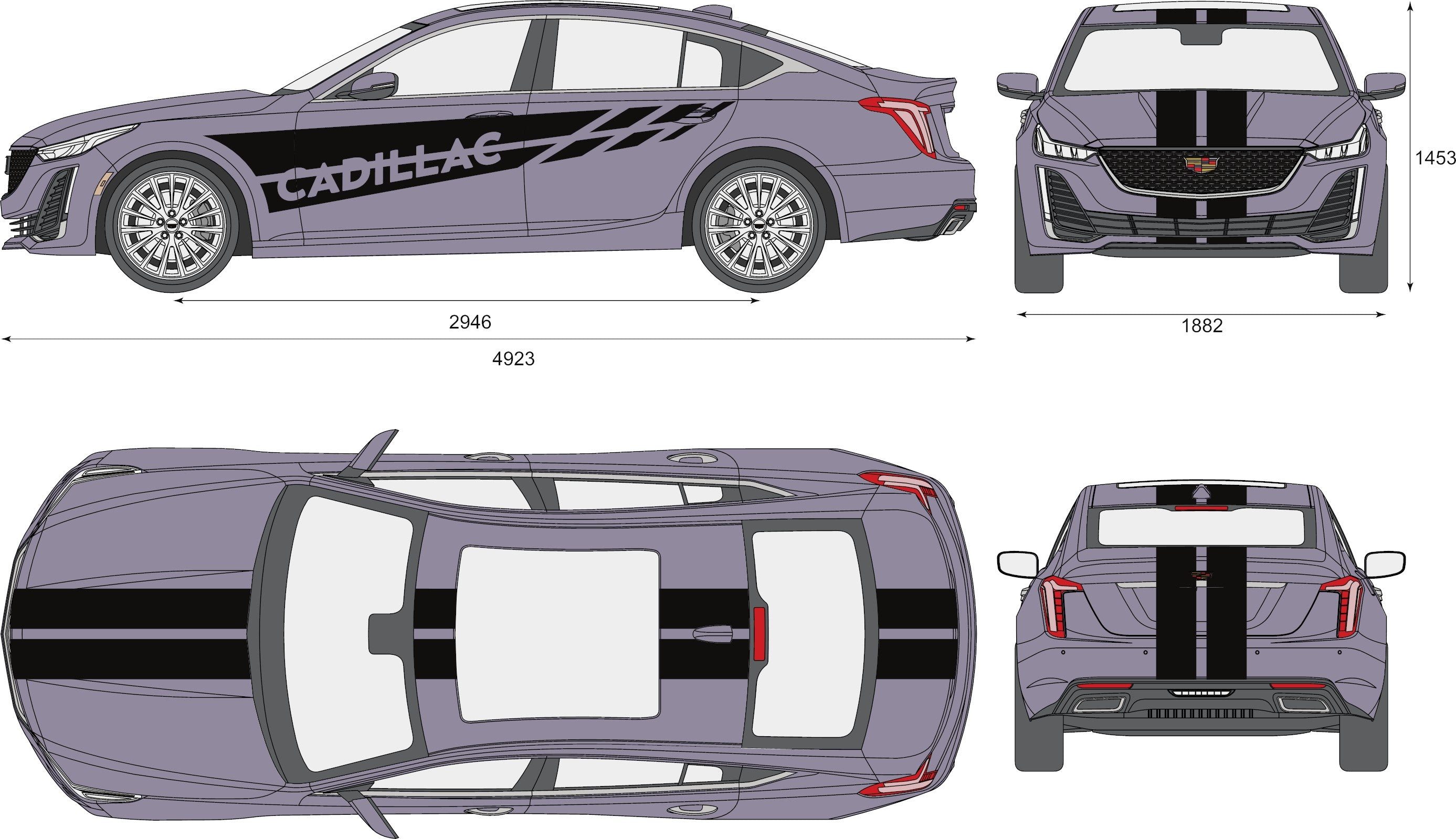 Dual 8" Racing Stripes Self Healing Vinyl fits Cadillac CT5 Sedan 2021+