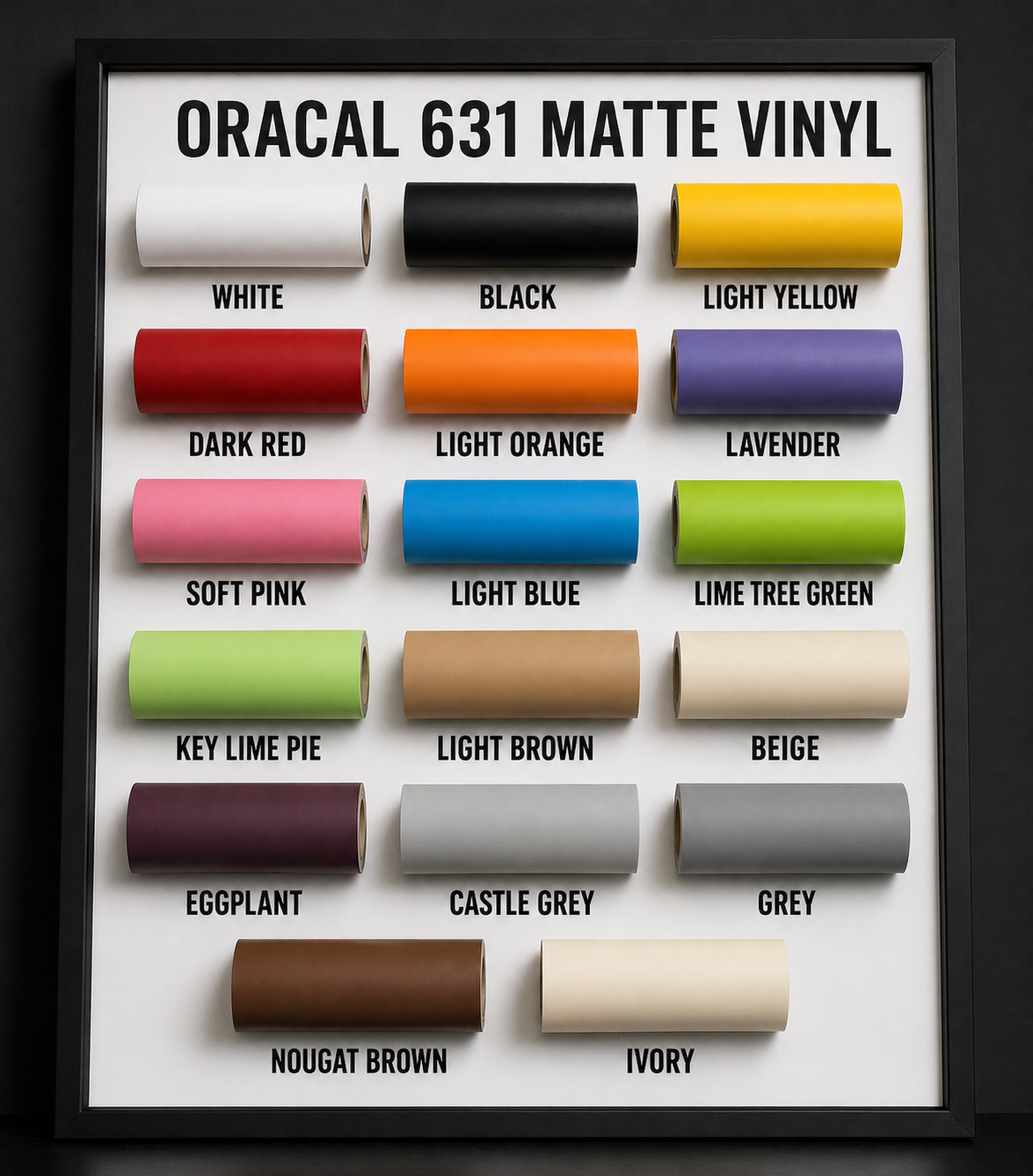 Fusion Decals ORACAL 631 removable matte vinyl color chart with 17 correctly labeled color rolls.