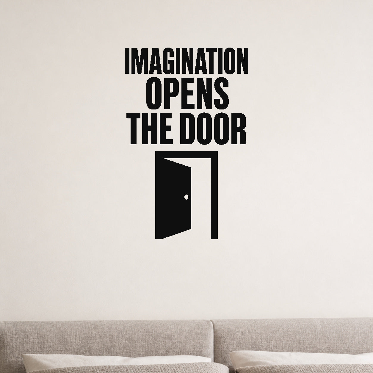 Alternate room view of the Imagination Opens the Door removable vinyl wall decal.
