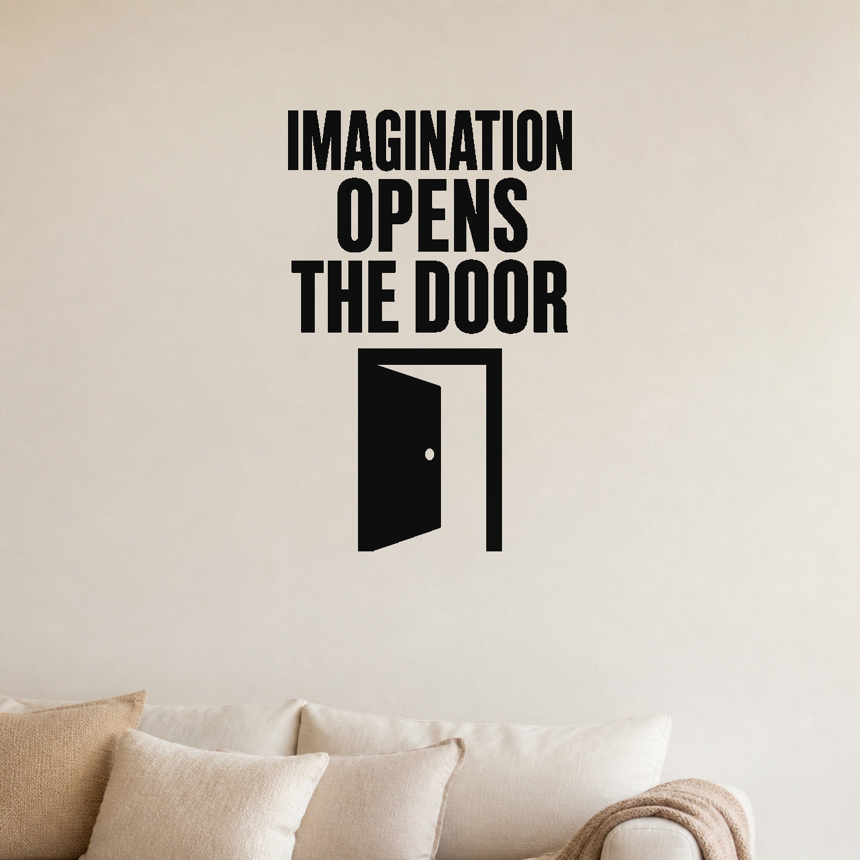 Imagination Opens the Door removable vinyl wall decal shown in a styled room.