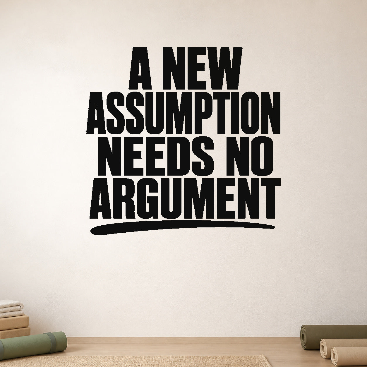 Alternate room view of the A New Assumption Needs No Argument removable vinyl wall decal.