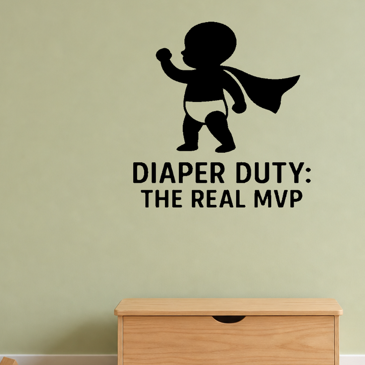 Diaper Duty: The Real MVP - Funny Baby Room Wall Decal Vinyl Sticker Removable shown as a removable vinyl wall decal in a category-appropriate room