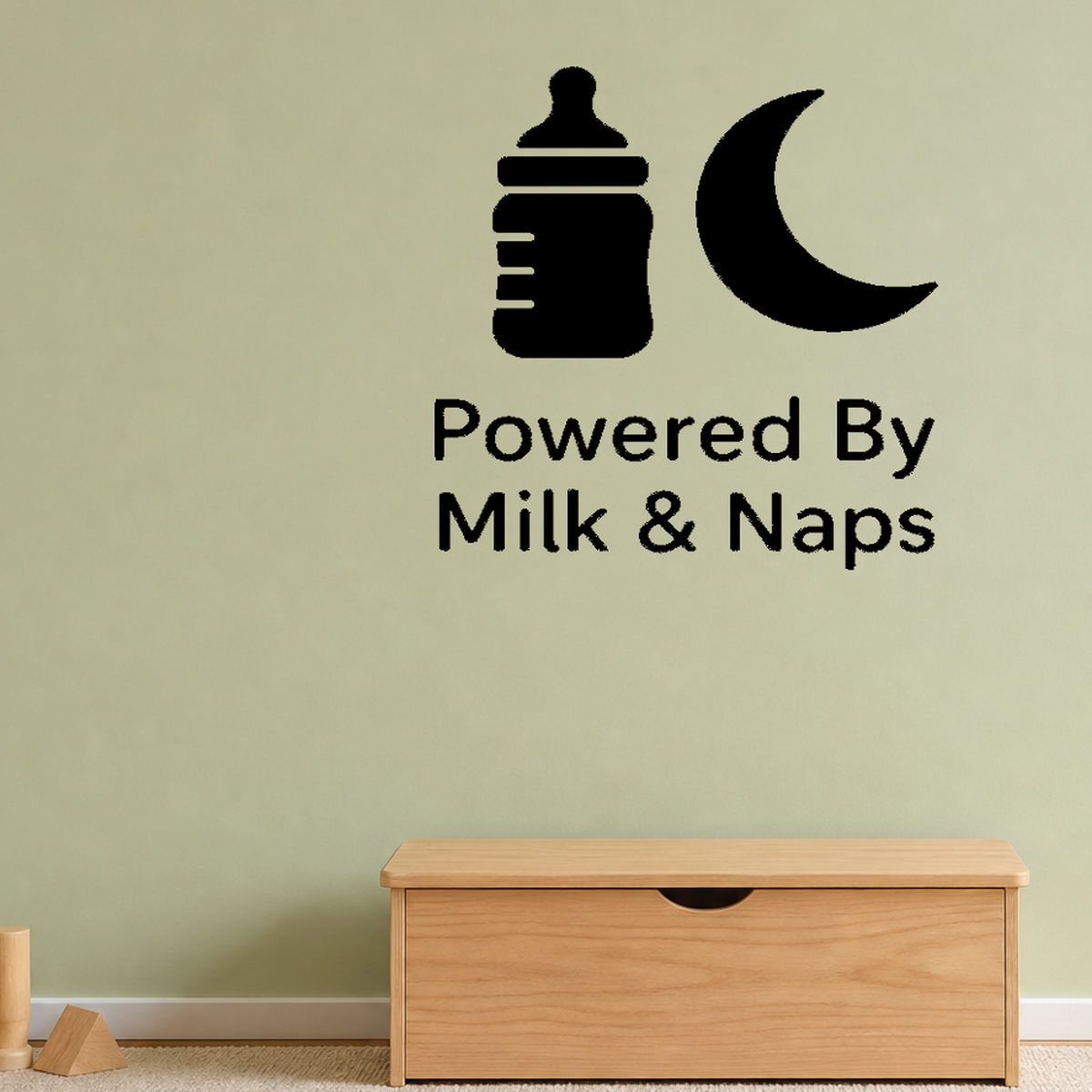 Powered By Milk & Naps - Funny Baby Room Wall Decal Vinyl Sticker Removable shown as a removable vinyl wall decal in a second room setting