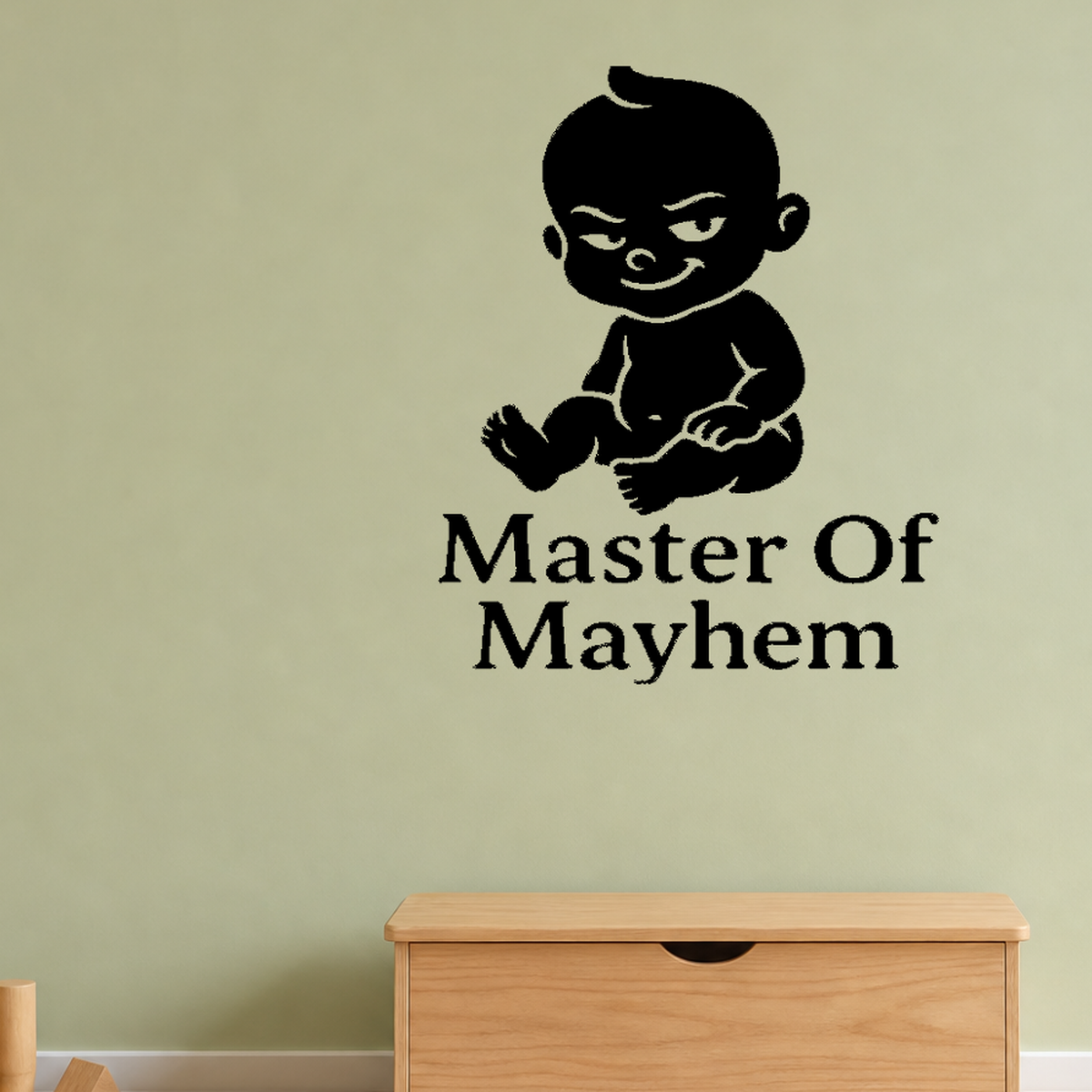 Master Of Mayhem - Funny Baby Room Wall Decal Vinyl Sticker Removable shown as a removable vinyl wall decal in a category-appropriate room