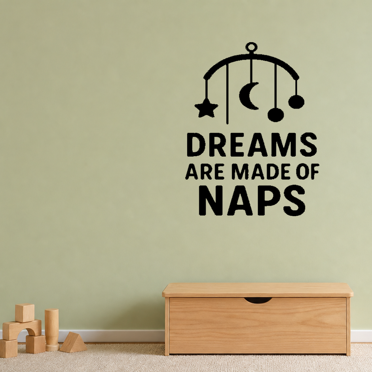 Dreams Are Made Of Naps - Baby Mobile Wall Decal Vinyl Sticker Removable shown as a removable vinyl wall decal in a second room setting