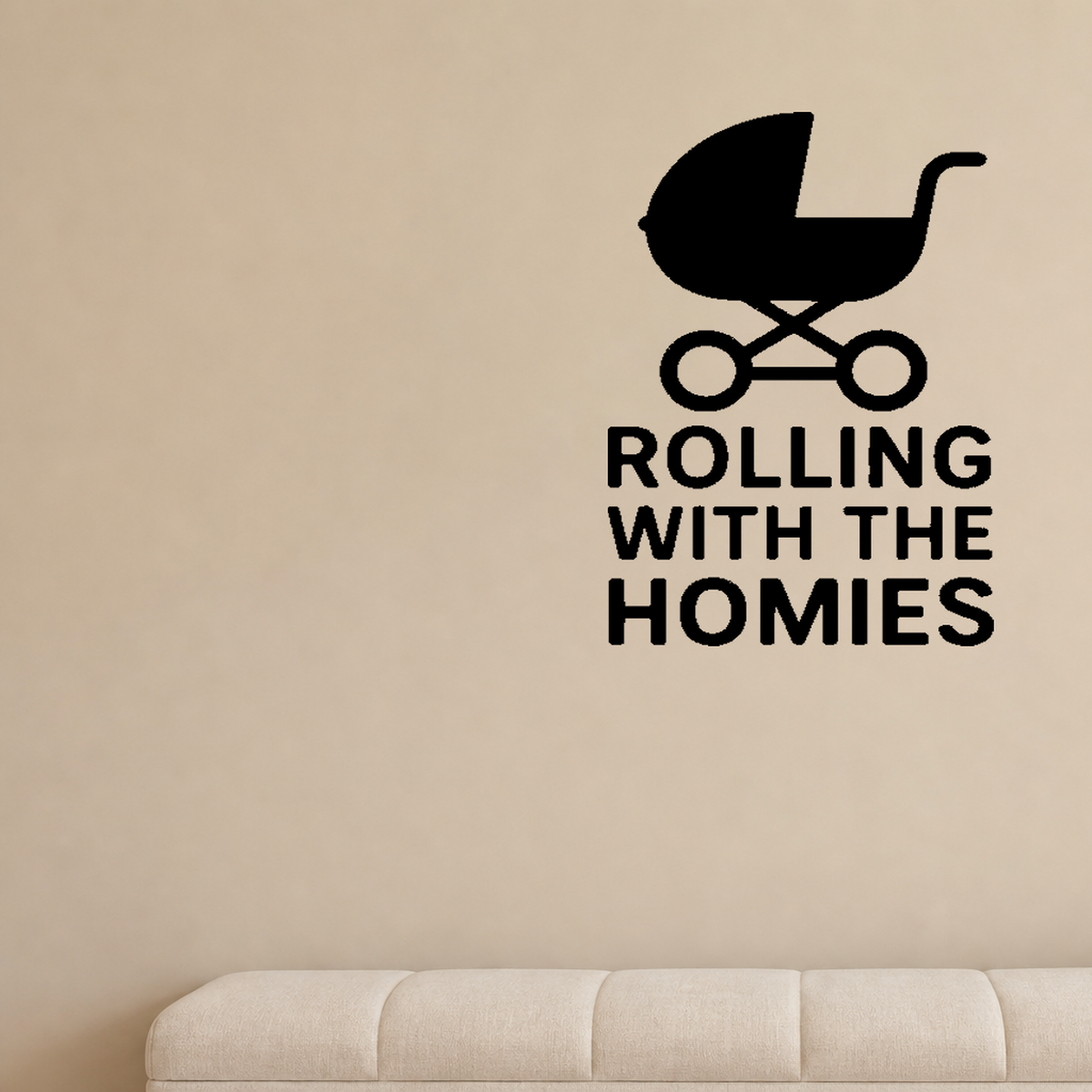 Rolling With The Homies - Baby Stroller Wall Decal Vinyl Sticker Removable shown as a removable vinyl wall decal in a second room setting