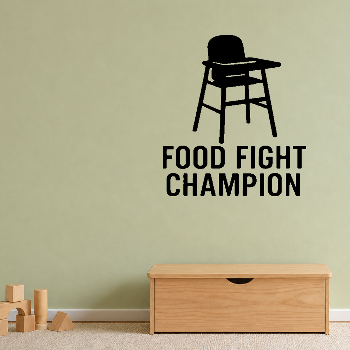 Food Fight Champion - Baby High Chair Wall Decal Vinyl Sticker Removable shown as a removable vinyl wall decal in a second room setting