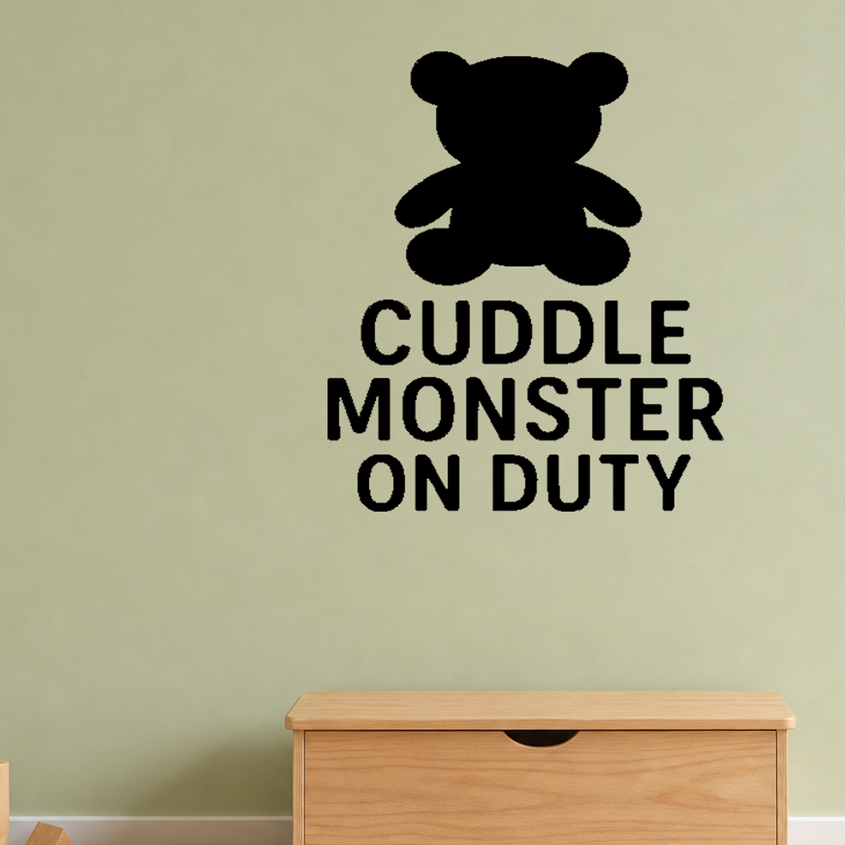 Cuddle Monster On Duty - Baby Teddy Bear Wall Decal Vinyl Sticker Removable shown as a removable vinyl wall decal in a category-appropriate room