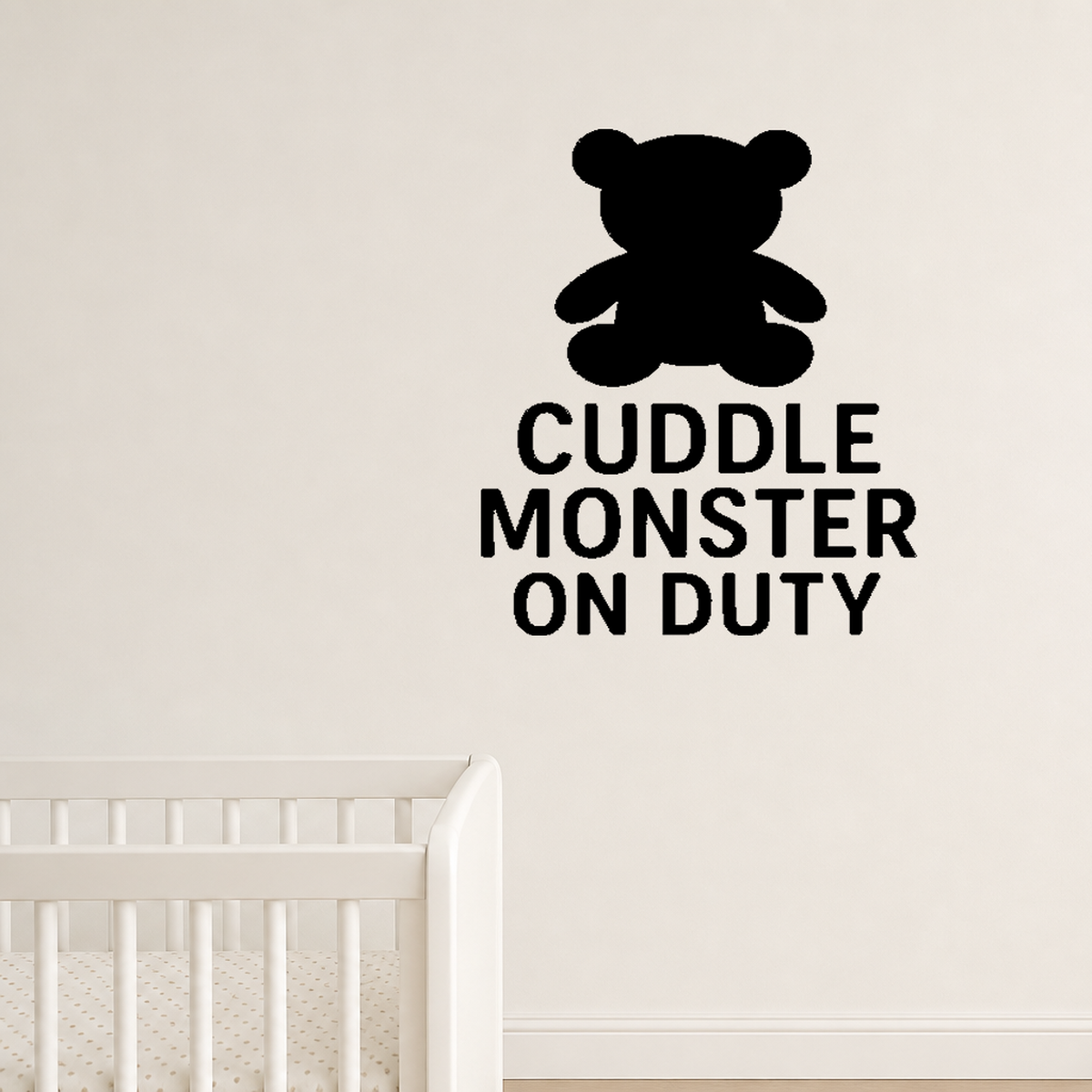 Cuddle Monster On Duty - Baby Teddy Bear Wall Decal Vinyl Sticker Removable shown as a removable vinyl wall decal in a second room setting