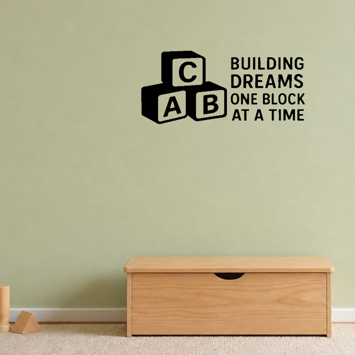 Building Dreams One Block At A Time - Baby Blocks Wall Decal Vinyl Sticker Removable shown as a removable vinyl wall decal in a second room setting