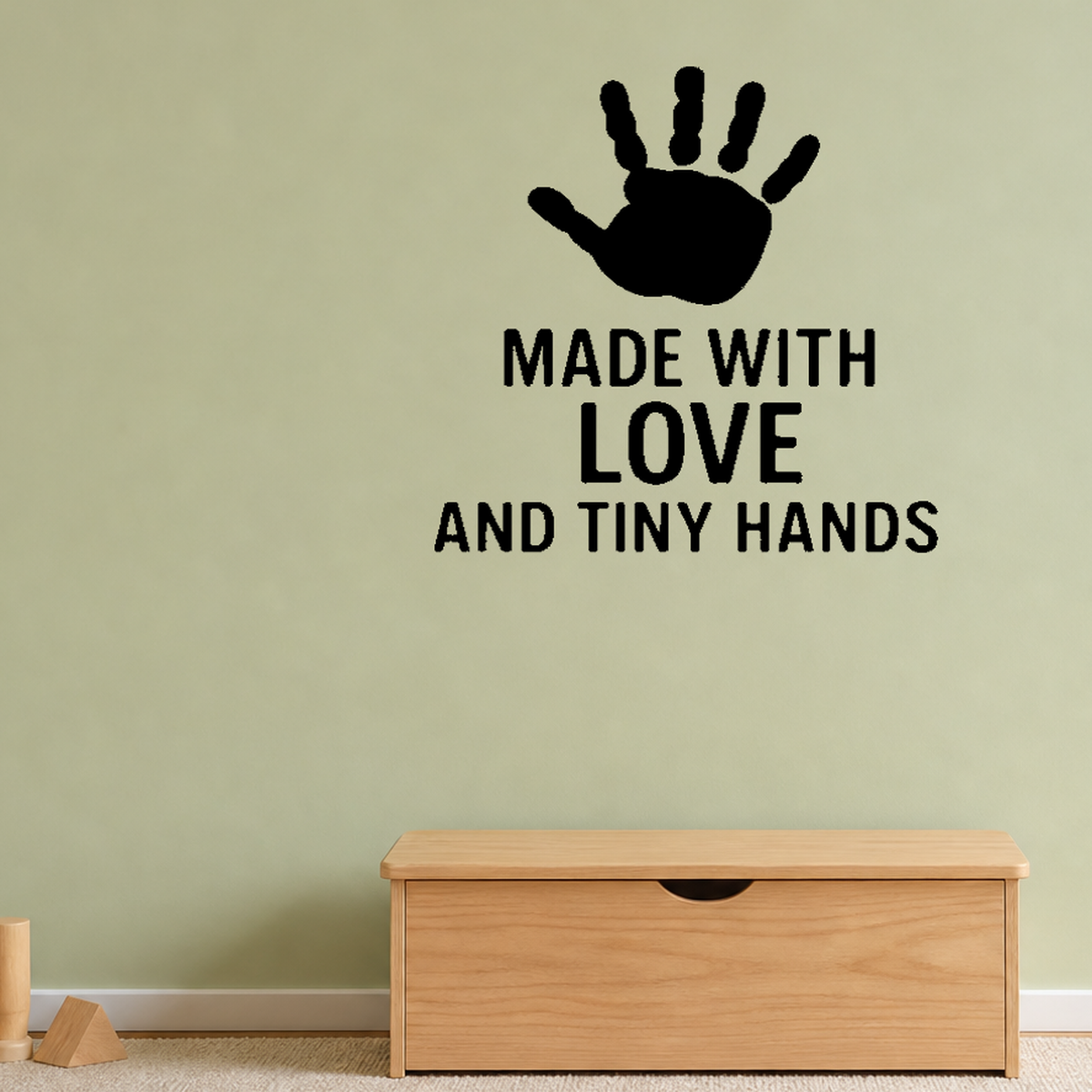 Made With Love And Tiny Hands - Baby Handprint Wall Decal Vinyl Sticker Removable shown as a removable vinyl wall decal in a second room setting