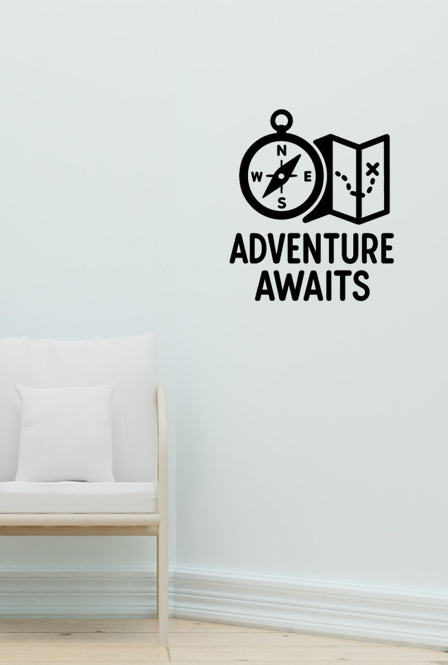 Adventure Awaits wall decal shown in a second baby room setting