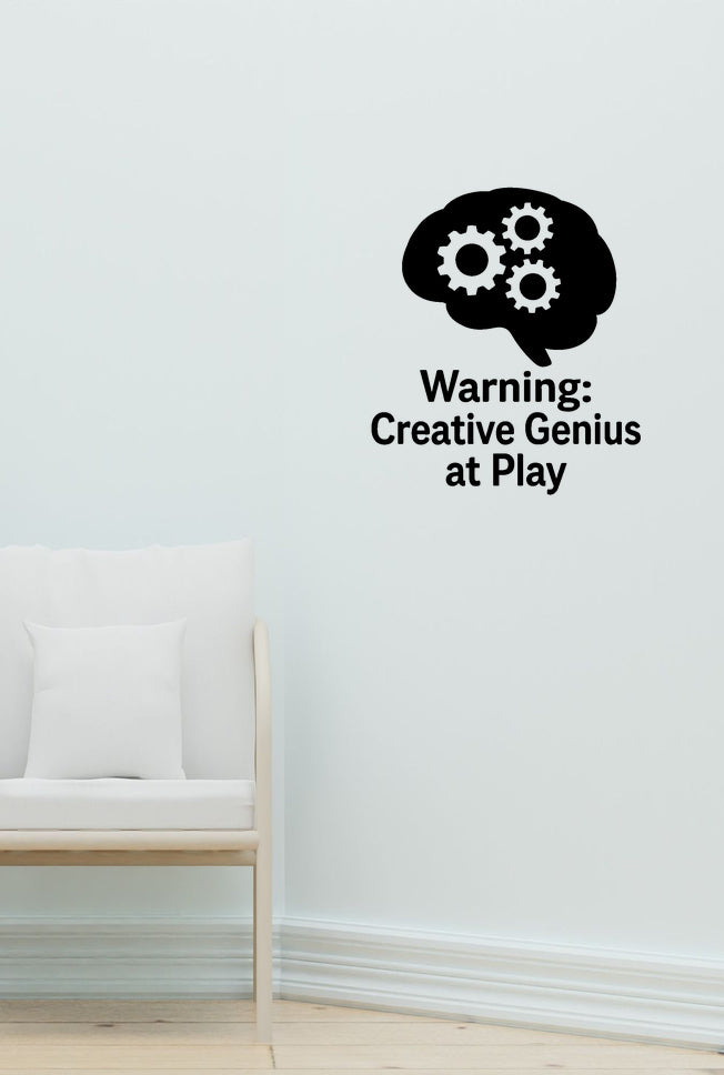 Warning: Creative Genius at Play wall decal shown in a second baby room setting