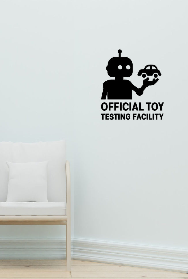 Official Toy Testing Facility wall decal shown in a second baby room setting