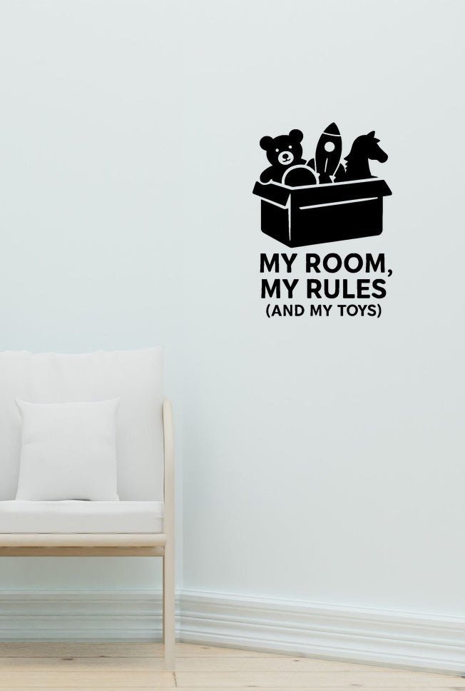 My Room, My Rules (and My Toys) wall decal shown in a second baby room setting