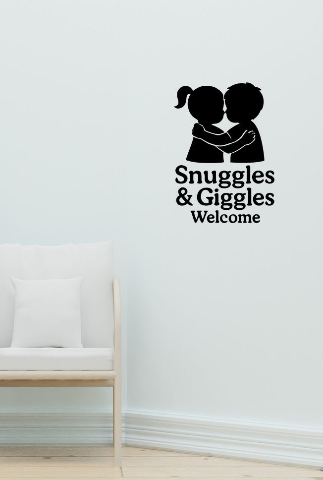 Snuggles & Giggles Welcome wall decal shown in a second baby room setting