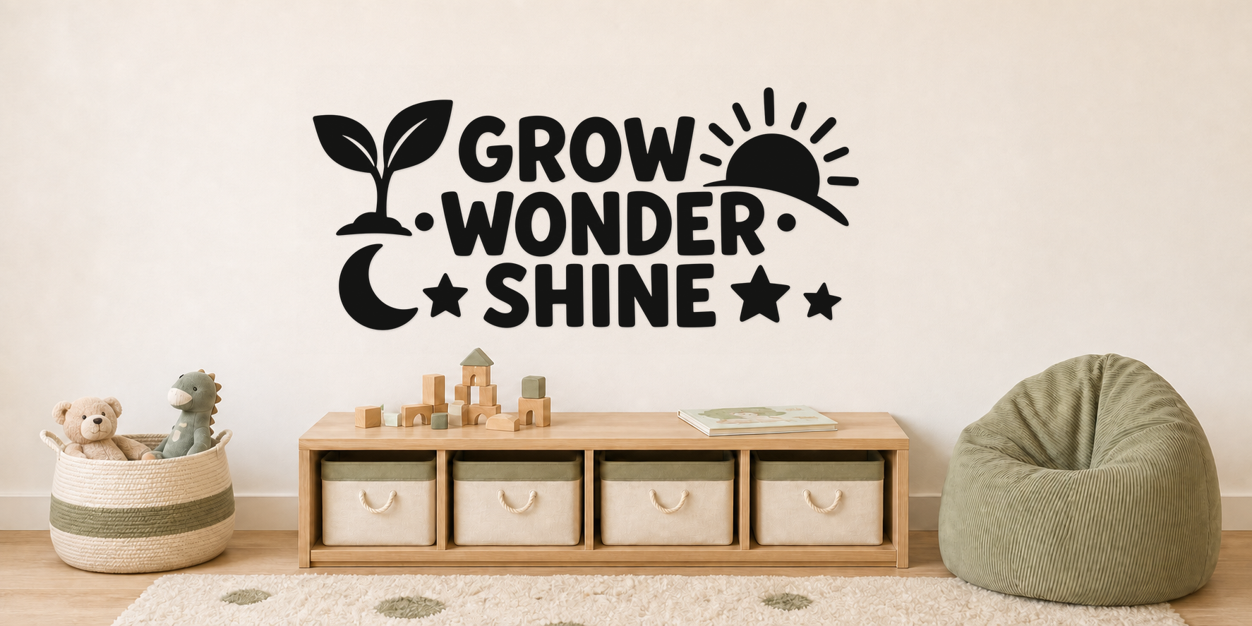 Exact GROW WONDER SHINE black vinyl kids wall decal with sprout, sun, moon, and stars above a pale oak toy cabinet.