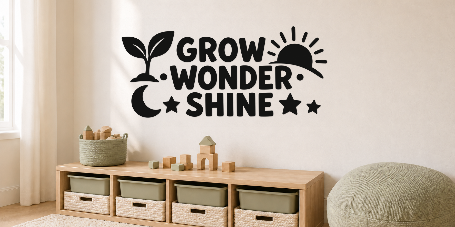 Exact GROW WONDER SHINE black vinyl kids wall decal with sprout, sun, moon, and stars in an alternate nursery view.