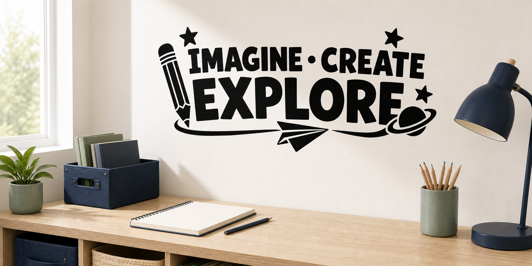 IMAGINE CREATE EXPLORE black vinyl kids wall decal with pencil, paper airplane, planet, and stars above a pale oak study console.